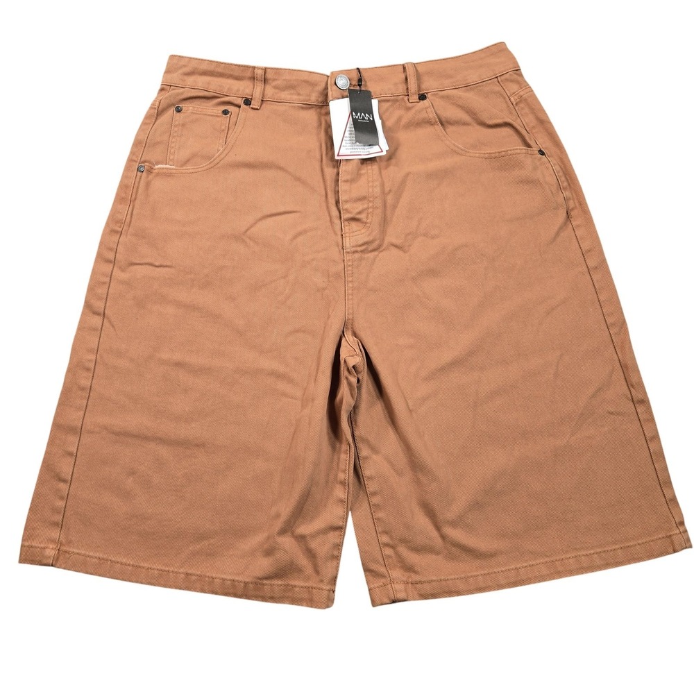 BoohooMAN Shorts Mens 36 Brown Denim Chino 12 Inseam Button Fly Casual Summer